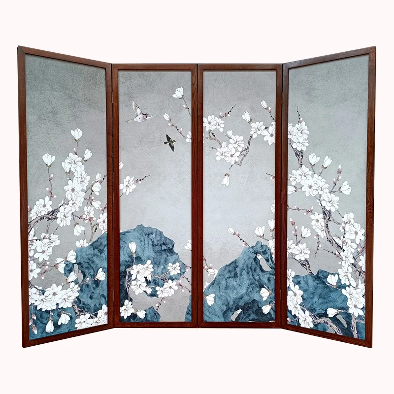 

New Chinese solid wood frame fabric printing magnolia picture screen