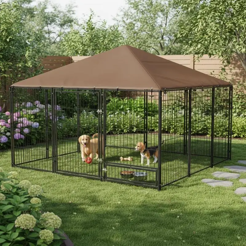 

Outdoor Dog Kennel Puppy Play Pen with Canopy Garden Playpen Fence Crate Enclosure Cage Rotating Bowl 211 x 141 x 151 cm