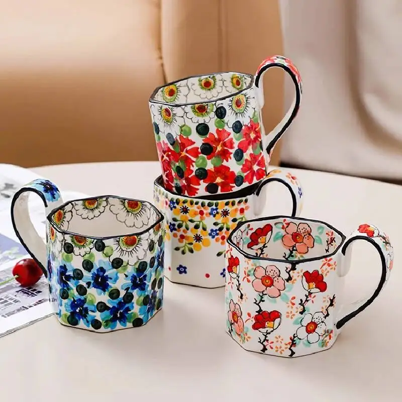 400ML Retro Flower Mug Ceramic Coffee Cup Polygon Milk Tea Cup Kitchen Bar Supplies Breakfast Milk Mug Office Drinking Cup