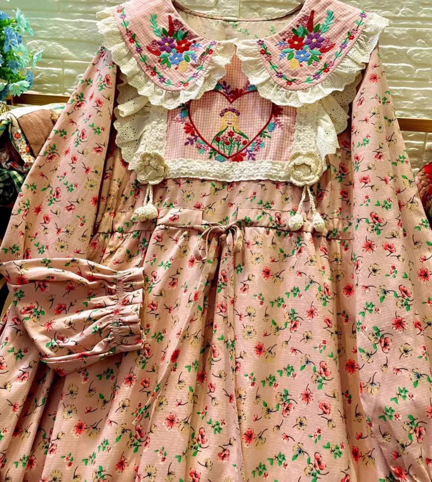 Vintage Linen Floral Embroidery Cottage Core Evening Long Midi Dress Female Retro Shabby Chic Patchwork Mori Girl Harajuku Dress