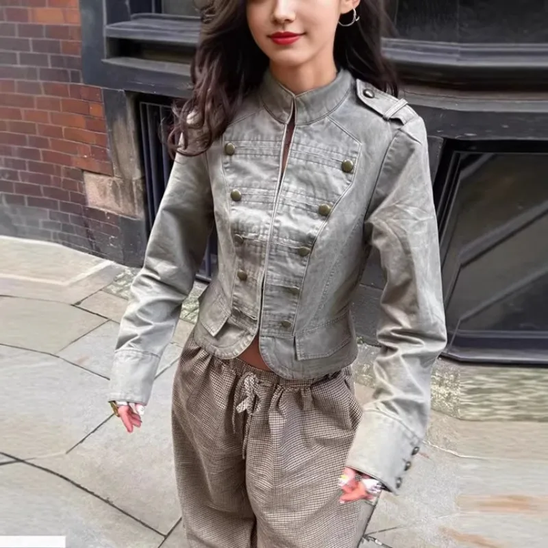 Punk Short Styles Jacket Women's Long Sleeved Stand Collar Double-breasted Decorative Coat 2026 New Streetwear Denim Tops Women