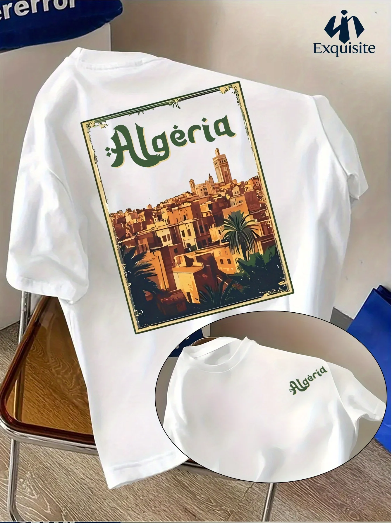 Sommermode-T-Shirt für Herren im Maghreb-Stil mit dem „Algeria“-Logo auf einem atmungsaktiven, feuchtigkeitsableitendem, locker sitzendem Oberteil mit Rundhalsausschnitt.