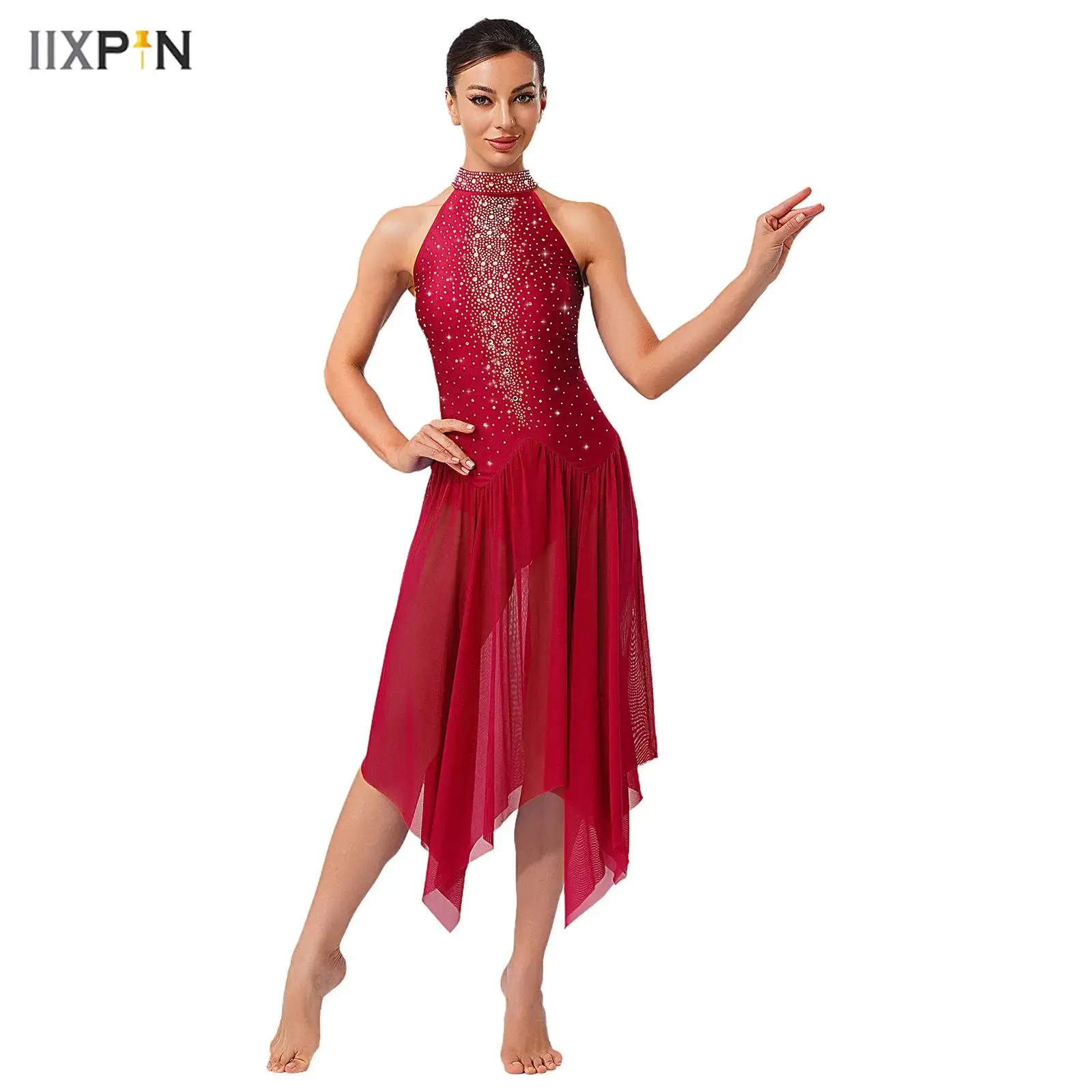 

Women's Lyrical Dance Dress Back Glittery Hollow Out Irregular Hem One Piece Leotard Dress Figure Skating Gymnastics Active Wear