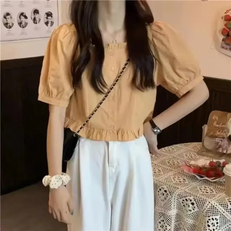 

Short Sleeve Shirts Womens Linen Patchwork Pintucked Cropped Shirt College Class Preppy Artistic Student Youthful Girlish