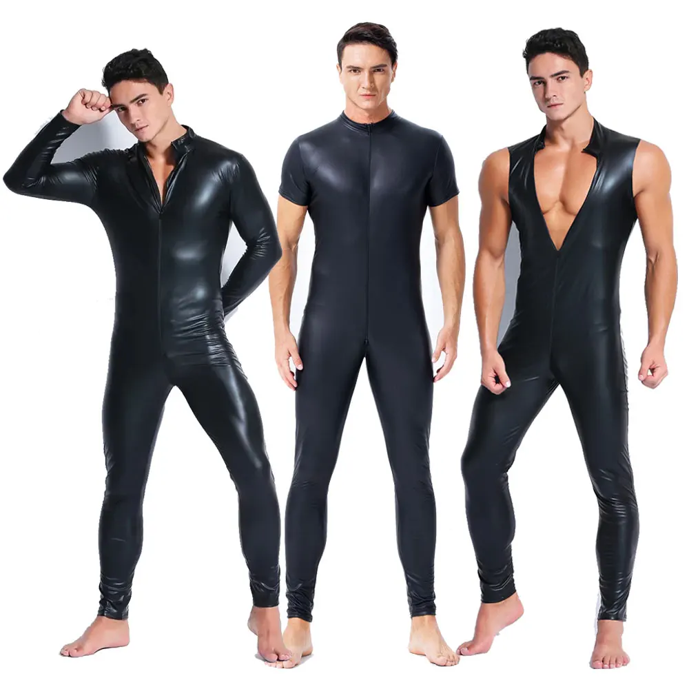 

Male's Sexy PU Leather Catsuit Faux Leather Double Zipper Open Crotch Pvc Bodysuit Latex Catsuit Fetish Wear Costume