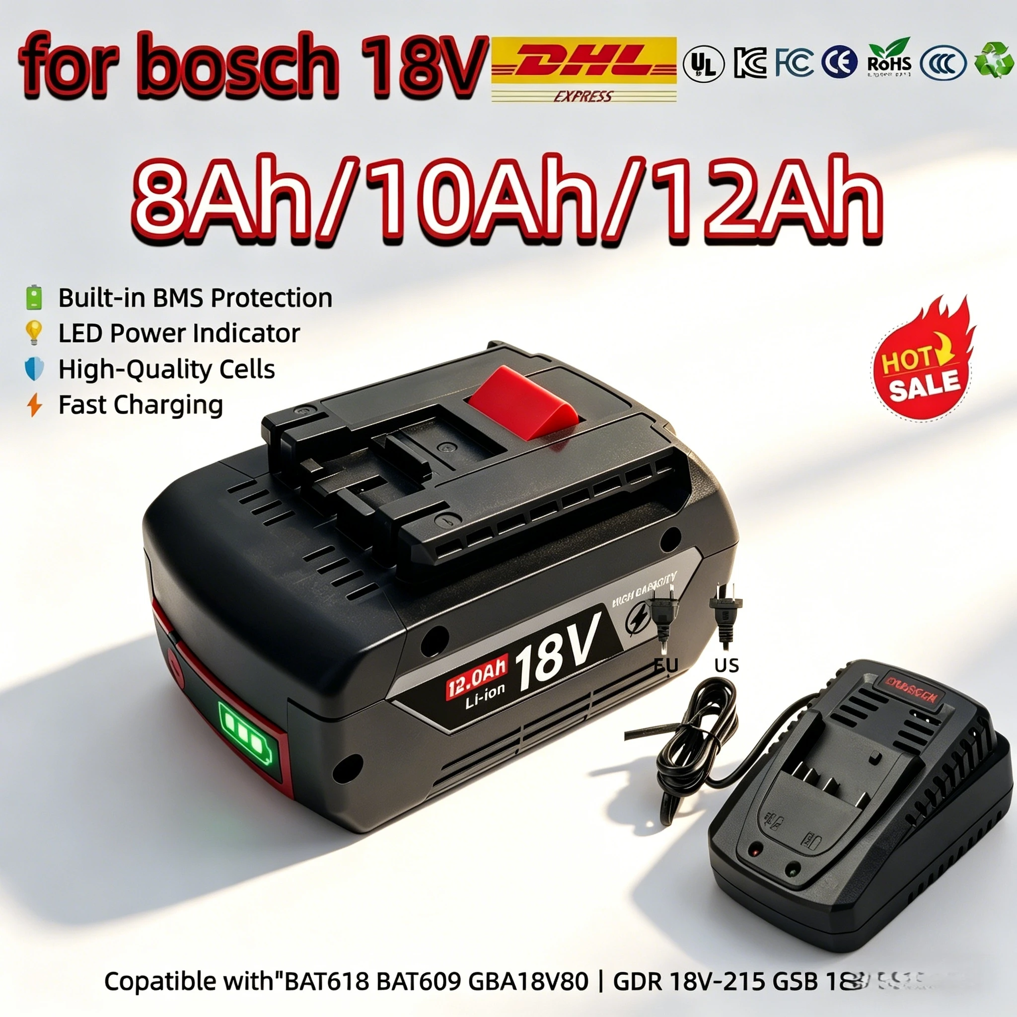 

For Bosch 18V Battery 8Ah 10Ah 12Ah BAT618 BAT609 GBA18V80 for GDR 18V-215 GSB 185-LI EU Stock with BMS protection