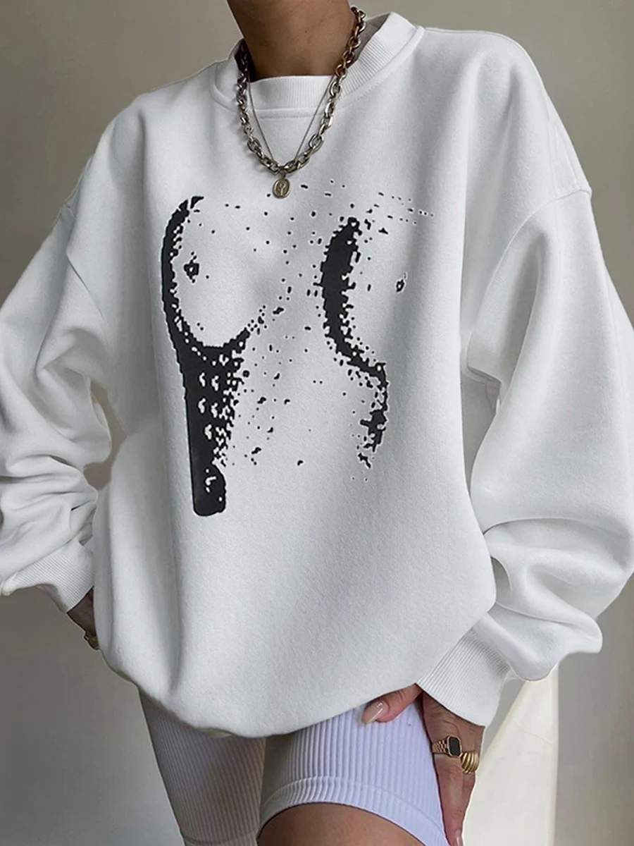 

Autumn Loose Printed Sweatshirt for Women Casual Long Sleeve Crewneck Pullover Tops Street Basics Oversized Sweatshirts