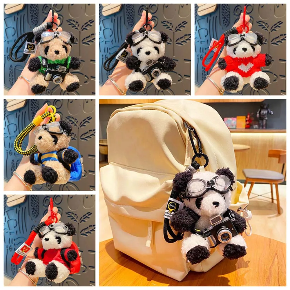 Panda Backpack Decoration Pilot Bear Keychain Bag Pendant Stuffed Animal Panda Kawaii Cartoon Key Ring Children
