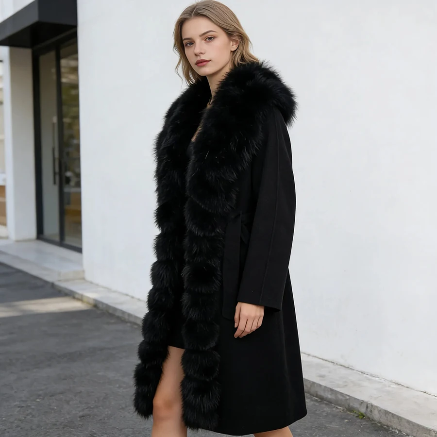 Winter Coat For Women Wool Cashmere Coat Women Real Fox Fur New White Wool Coat Women Fashion view 3