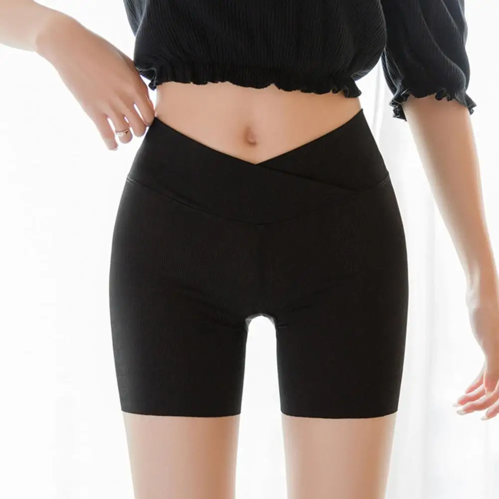 Women Safety Shorts Cross Waistband High Waist Ice Silk Seamless Yoga Leggings Solid Color Ultra-thin Bottoming Shorts 안전반바지