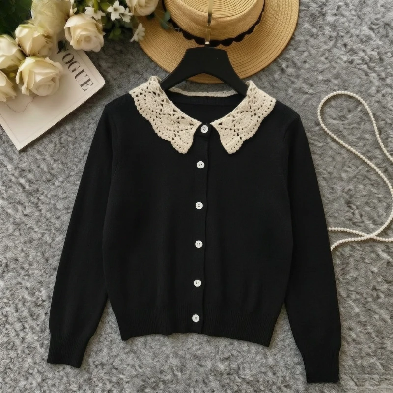 Women Lace Peter Pan Collar Knit Cardigan Elastic Soft Long Sleeve Button Sweater Coat Sweet Casual Fall Winter Ladies Outerwear