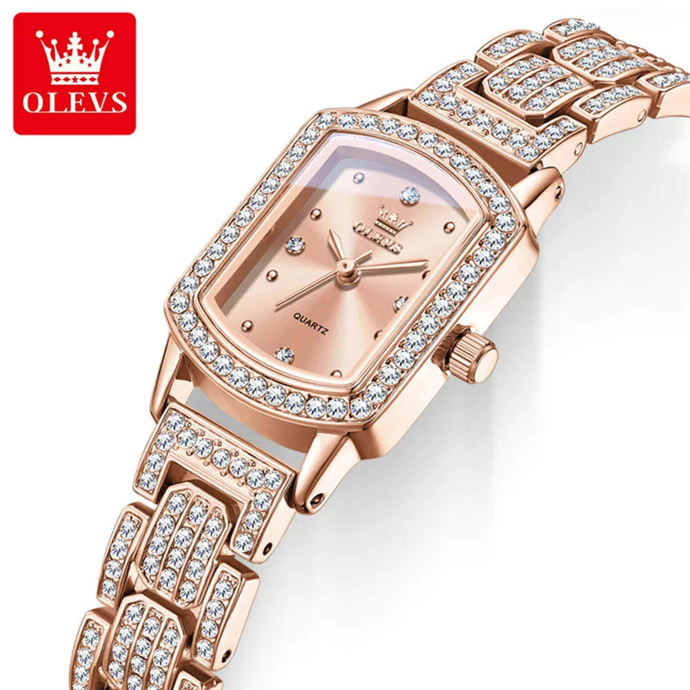 OLEVS Women's Watch Set Luxury Square Rose Gold Diamond Ladies Quartz Wristwatch Bracelet Necklace Gift Box Waterproof Reloj