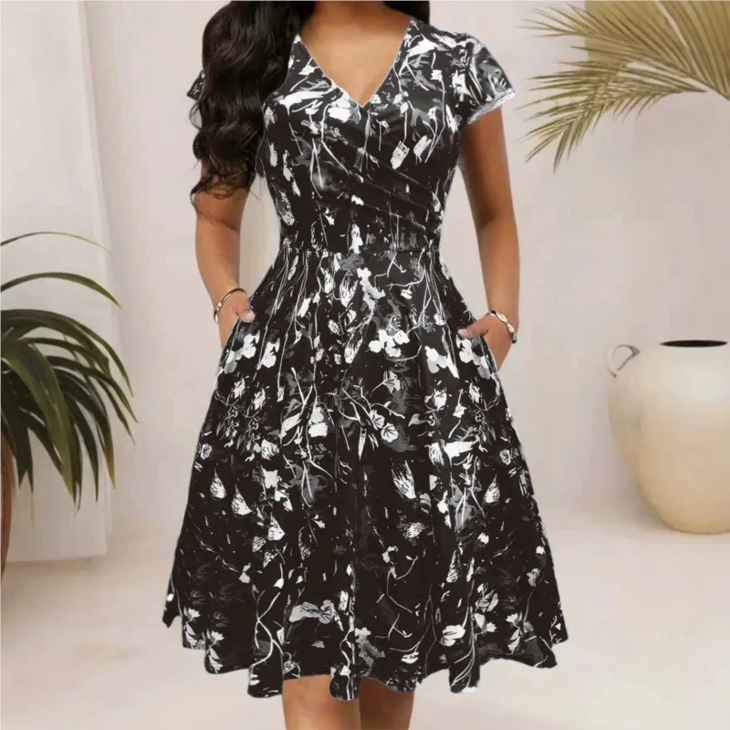 Retro Printed Women's Mini Dress Summer Fashion V-neck Casual High Waisted Dresses Ladies Short Sleeved Vestidos With Pocket