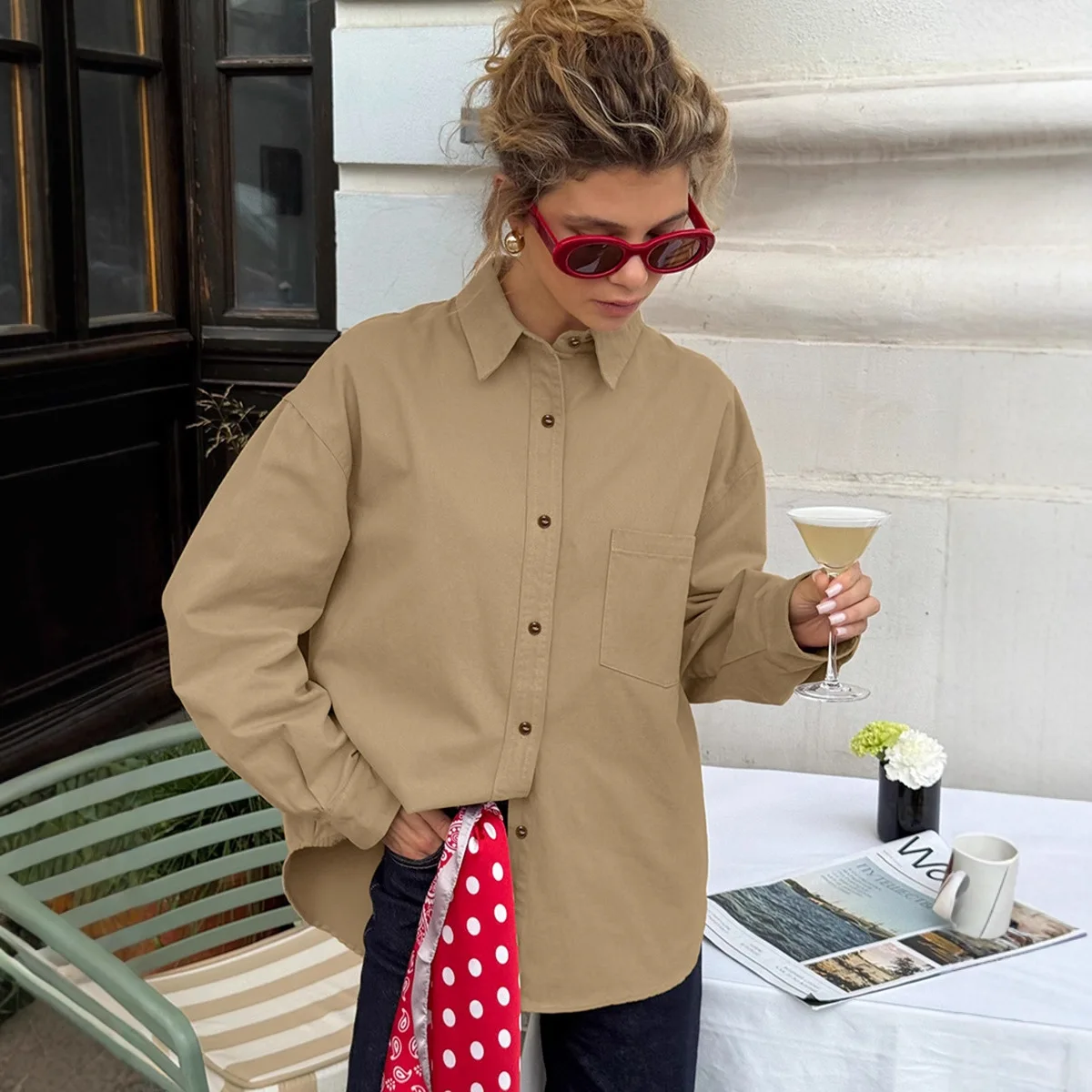 

Осенняя женская блузка из чистого хлопка цвета хаки, однобортная рубашка с отложным воротником для женщин, повседневная женская рубашка в корейском стиле