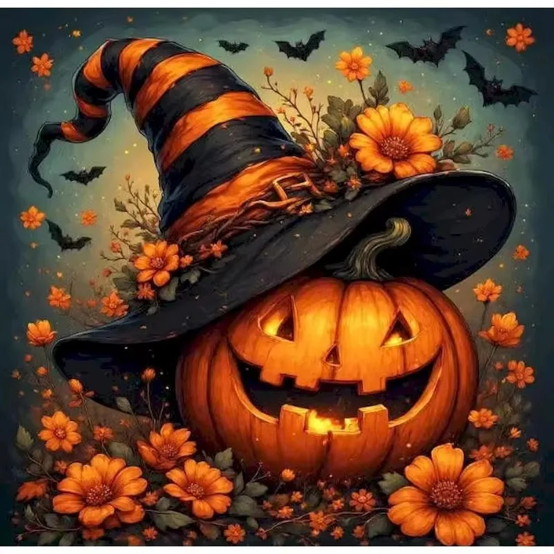 500PCS/1024 PCS Jigsaw Puzzle Halloween Jack O Lantern Witch Hat Orange Wildflower Bat Night DIY Home Wall Dec Holiday Gift
