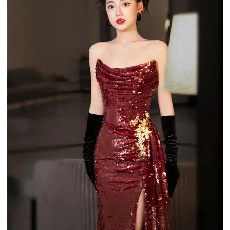 

Красное вечернее платье с пайетками и блестками, модное, с завышенной талией, приталенное, для свадебных торжеств