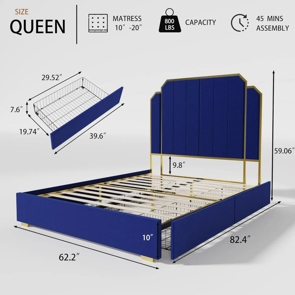 Queen Size Bed Frame with Storage Drawers-High Headboard Upholstered Bedframe in Plush Velvet with Gold Accents(Navy Blue,Queen)