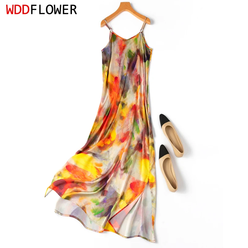 

Women Chemise Dress 93% Mulberry Silk 7% Spandex Colorful Floral Printed Chic Spaghetti Straps Slip Dresse Summer Beach M1167