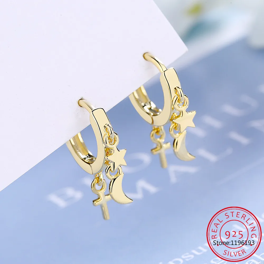 حقيقي 925 فضة 18K الذهب القمر ستار الصليب شرابة هوب أقراط للنساء حفلة غرامة مجوهرات الحد الأدنى اكسسوارات