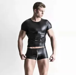 Mens Sexy Leather Tights Tops Zipper Crotch Shorts Stretch Fetish Wear Slim Hot Pants Bodycon Shaping T-shirts   Ecoparty