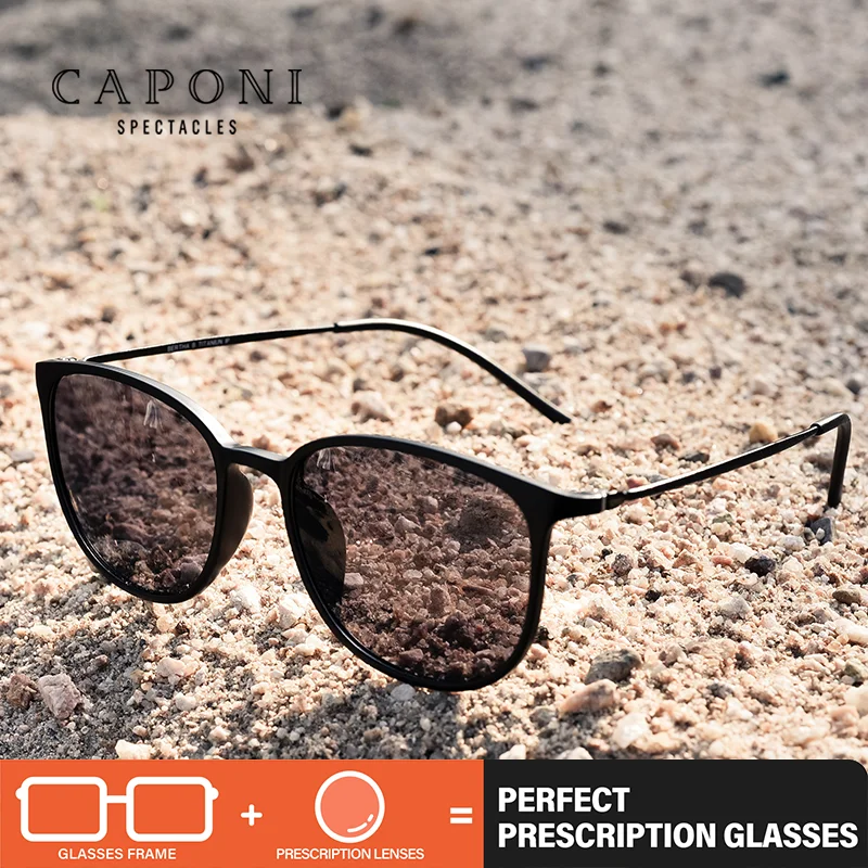 

CAPONI Prescription Polarized Sunglasses Man Photochromic Brown Sun Glasses Night Vision Driving Progressive Black Shades PJ520