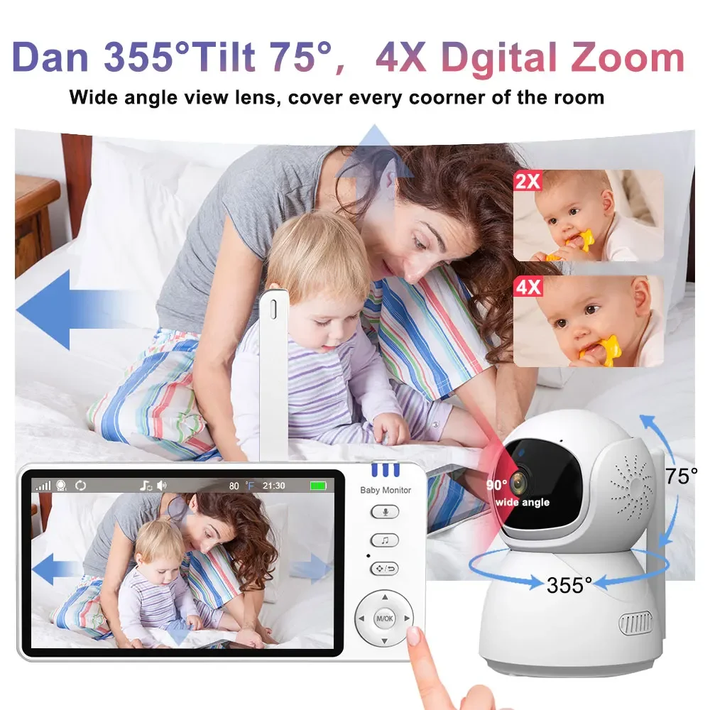 Cdycam ABM570 5.0 inch Baby Monitor IPS Screen With Nanny PTZ Camera 2-way Audio Lullaby Camera Babysitter Night Vision Security