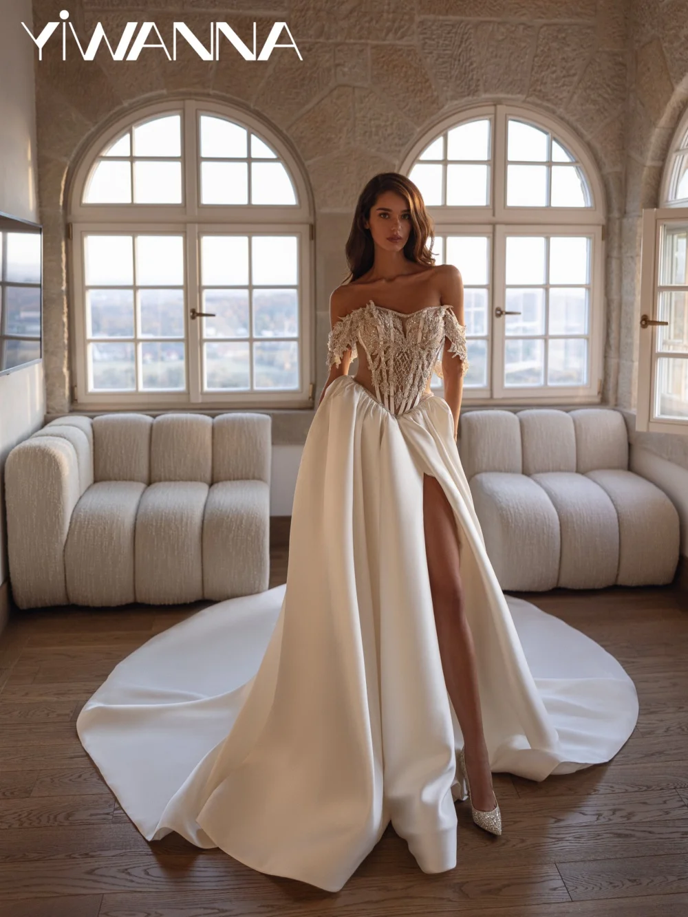 

New Arrival Beaded Satin Wedding Dress Floor-length Stylish Off Shoulder High Slit Bridal Gown Customized Dresses For Bride