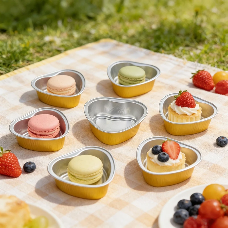 100ml Heart Shaped Aluminum Foil Cups with Lids Heat Resistant Tin Foil Pudding Molds Disposable Baking Cups for Cake 2 Colors