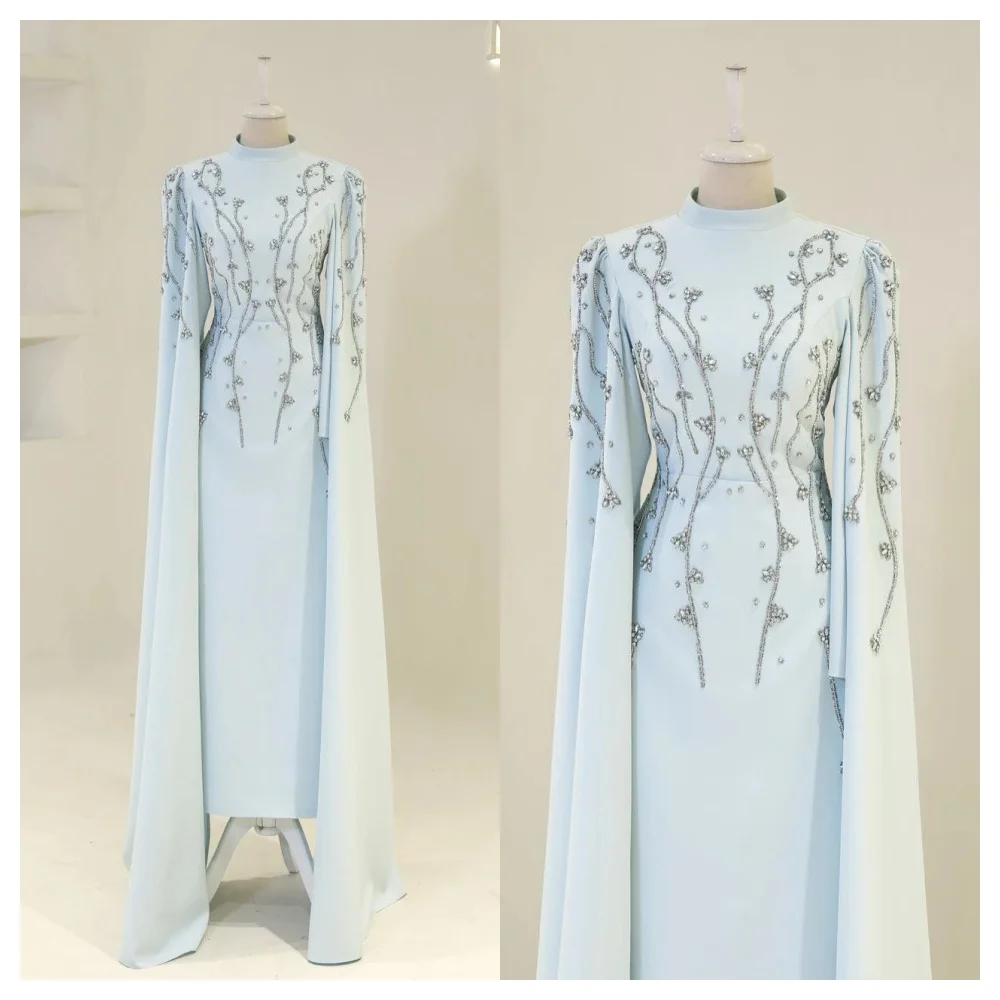 تخصيص رائعة الأزرق جيرسي مساء اللباس أزياء طاقم الرقبة طويلة الأكمام حزب اللباس جودة عالية مستقيم فساتين المشاهير