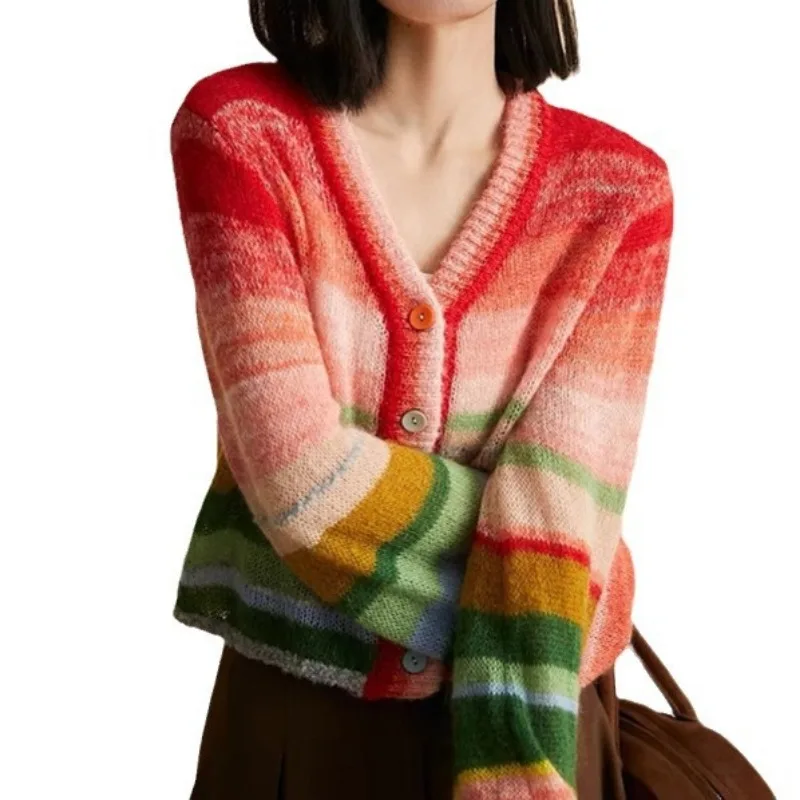 Rainbow Striped Sweater Women\'s Ultra-fine Mohair V-neck Loose Lantern Sleeves Sweet Gentle Versatile Knit Cardigan Top Women