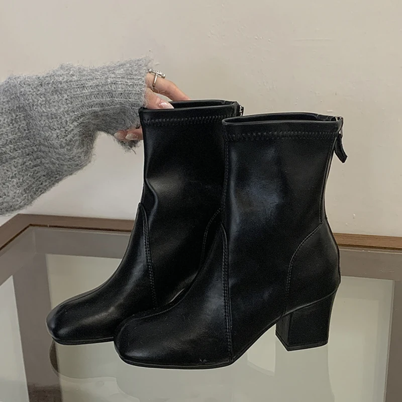 

Aneikeh Spring Autumn Fashion Retro Style Soft PU Leather Women Ankle Boots Concise Zipper Round Toe Square Heels Shoes