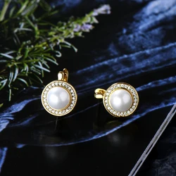 Anziw French Elegant 1mm VVS1 Moissanite Earring 925 Silver 7mm Freshwater Pearl Hoops Wedding Earrings for Women Jewelry Gifts