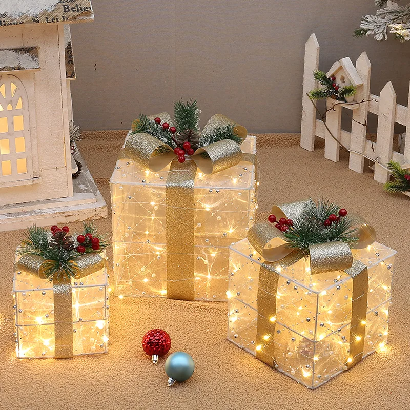 White Flocking With Light and Semi Transparent Fabric Gift Box Three Piece Set For Home Decoration, Christmas Scenery Decoration