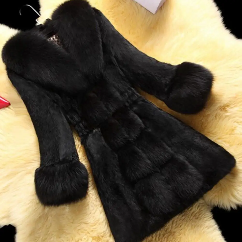 Winter Coat Long Plush Jacket Elegant Mid-aged Women's Fuzzy Faux Fur Overcoat with V Neck Elastic Waist for Cold-proof