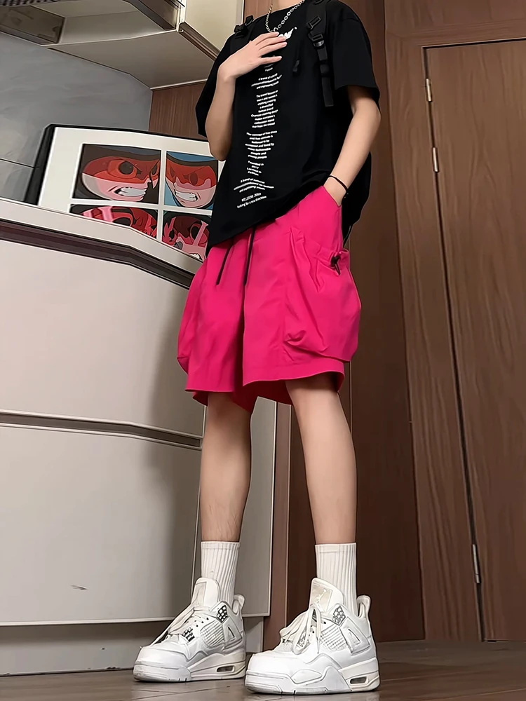 

Мужские шорты из ледяного шелка цвета драконьего фрукта, быстросохнущие, в американском рабочем стиле, с большими карманами, летние, повседневные, прямого кроя, длиной до колена