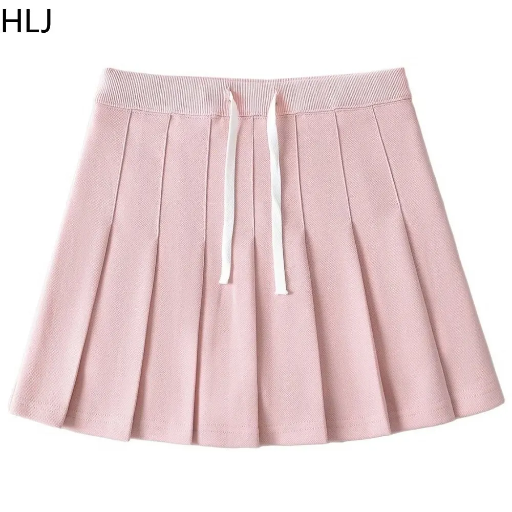 HLJ Pink A-line Pleated Skirts Fashion Two Piece Sets Women Letter Print V Neck Short Sleeve Loose Tshirt And Mini Skirt Outfits