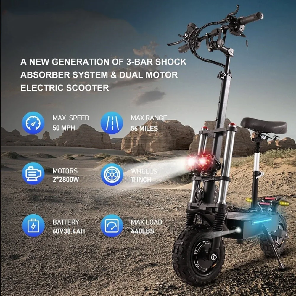 5600W Dual Motor Electric Scooter 60V 38.4AH 80KM/H Max Speed 11 Inch Off Road Tire Escooter Powerful Electric Scooter for Adult