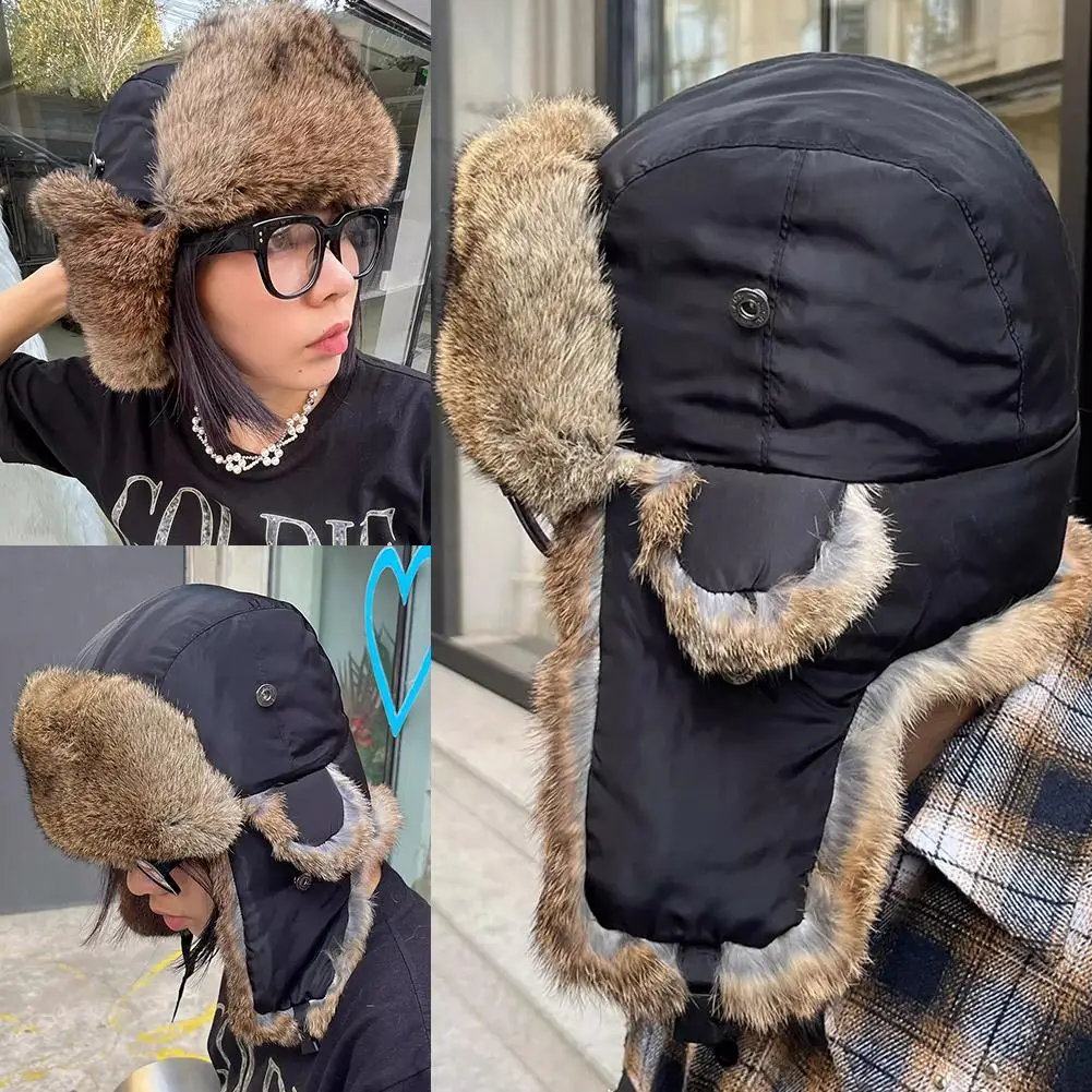 Chapéu russo caçador bombardeiro chapéus de inverno térmico neve bonés de esqui pele feng masculino lei ushanka earflap chapéu falso bonés outd f2e4