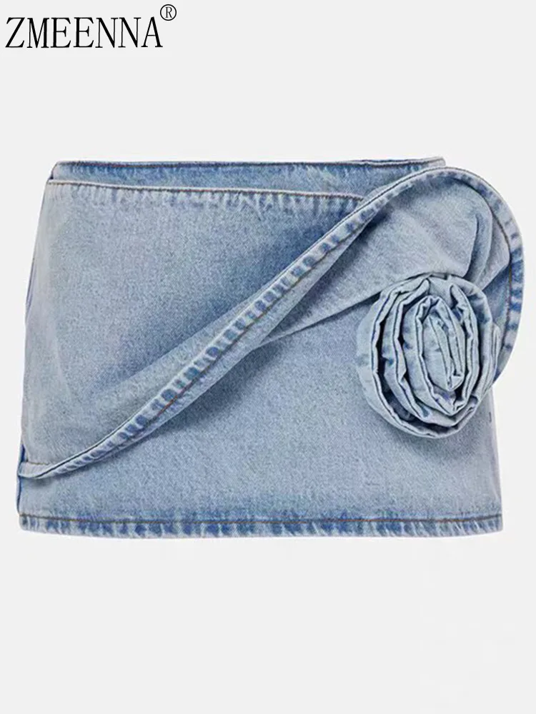 

ZMEENNA Stylish Womens Denim Mini Skirt With 3D Floral Applique High Waist A Line Trendy Frayed Hem Design Fashionable ZM3143