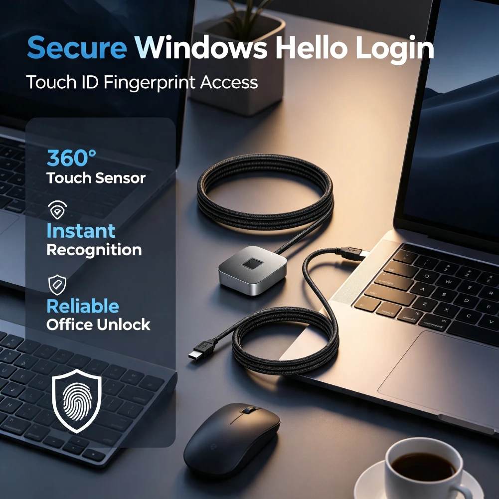 Fingerprint Scanner with 5ft Cable For Windows Hello Fingerprint Reader Portable USB Fingerprint Logger for Windows 10/11