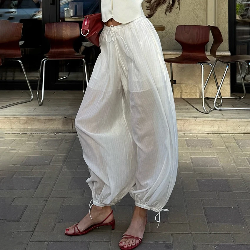 Street Loose White Bloomers Pants Women Summer Elastic Waist Trousers Fashion Lace Up See Through Pants Female 2025 Sexy