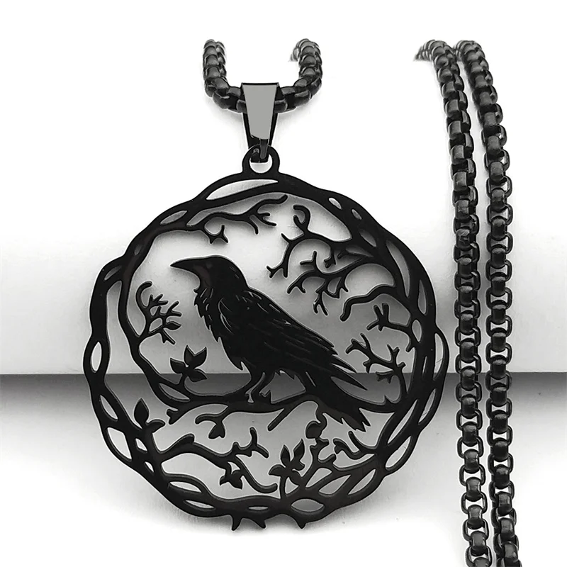 Punk Animal Raven Hollow Pendant Necklace for Women Men Stainless Steel Black Color Vine Crow Chain Jewelry Halloween Gift