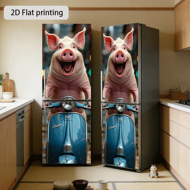 Refrigerator Sticker, Pig Riding a Scooter Themed Design, Self-Adhesive Wall Decal Wallpaper, Suitable for Cabinets and Wardr