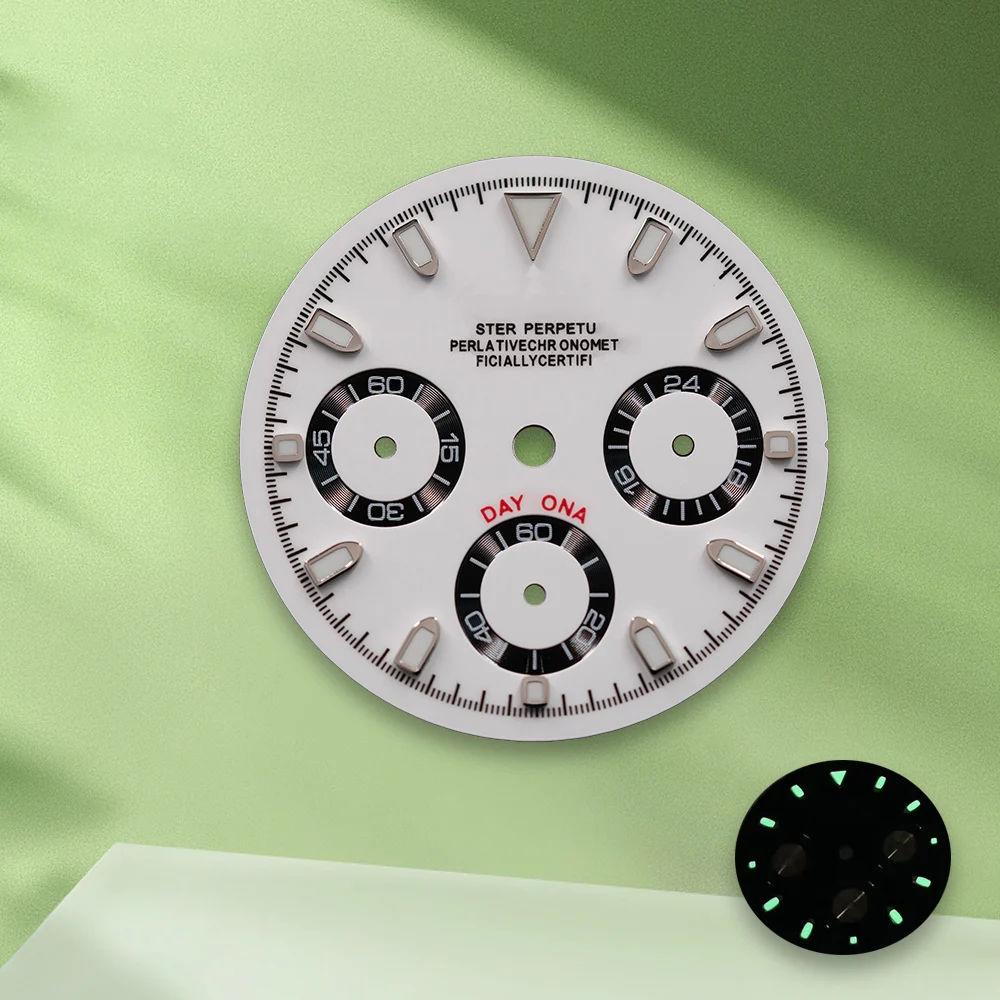 29.5Mm S Logo Dial Panda Putih VK63 Dial Lingkaran Dalam Hitam Tanpa Gerakan Tangan Aksesori Modifikasi Jam Tangan Bercahaya Hijau