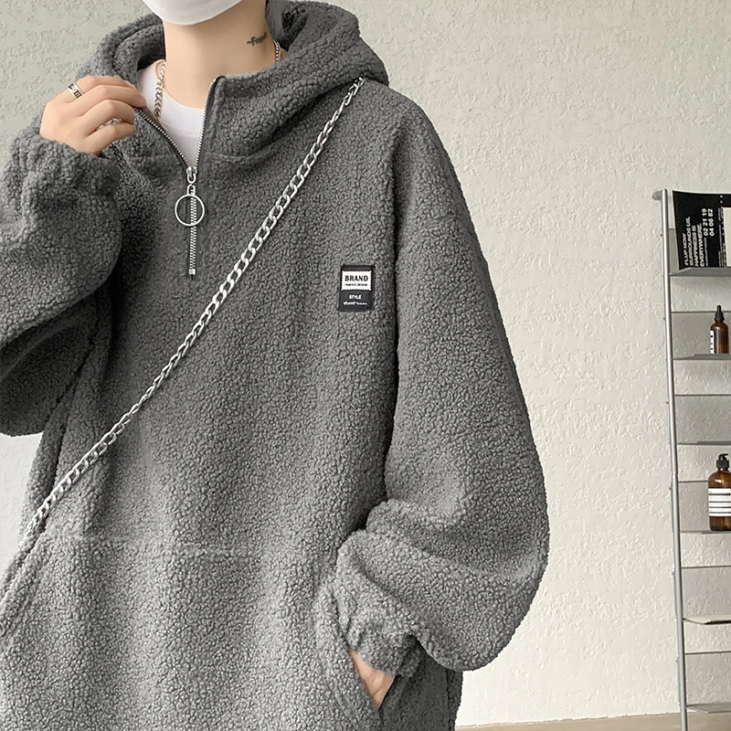 

Lamb Velvet Hoodie Men's Thiened Fce Autumn Winter Oversize Hooded Sweatirt American Retro Sle Youth Casual Wear