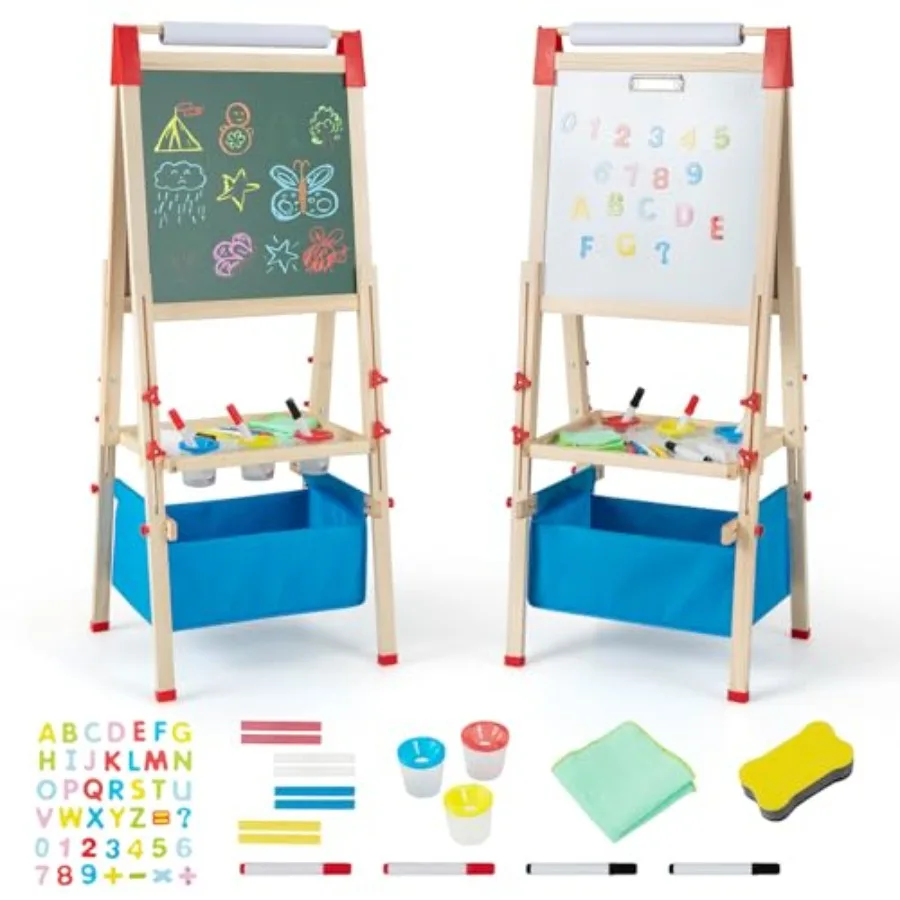 

3-in-1 Art Easel, Double-Sided Wooden Easel with Magnetic Blackboard and Whiteboard, Toddler Height Adjustable Standing Drawing