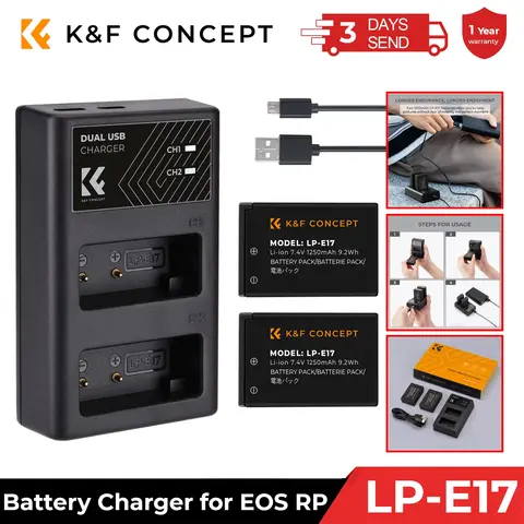 K & F 컨셉 LP-E17 교체 배터리 2 팩 및 충전기, EOS RP Rebel T8i T7i T6i T6s SL2 SL3 EOS M3 M5 M6 Mark II 카메라용