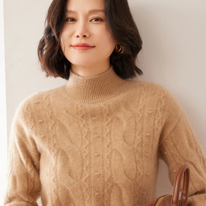 المرأة شبه عالية طوق 100% الكشمير محبوك سترة شتاء جديد سترة جاكار تويست الراقية بلوزات سميكة فضفاضة الكشمير قميص #6