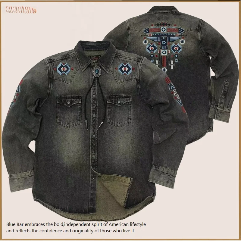

Waed Vintage American Western Navajo Totem Embroidery Long Sve Cotton Denim irt Thi Men's Clothing Stand Fit