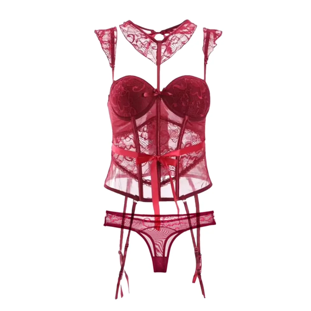 

Wine Red Lace Garter Lingerie Set Sexy Halter Neck Corset Floral Embroidery Push Up Bra and Panty Exotic Underwear Suit